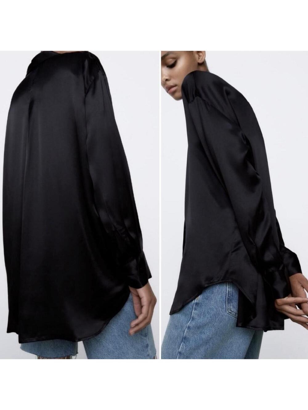 Zara Black satin blouse with french cuffs